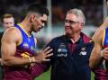 Lions coach Chris Fagan hails Charlie Cameron after their preliminary final win over the Blues. (Jono Searle/AAP PHOTOS)