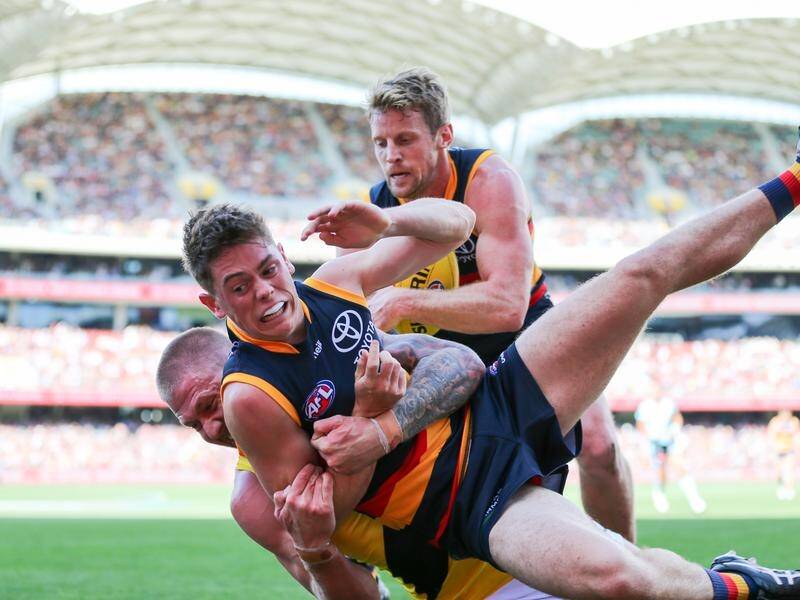 Richmond's Nathan Broad has copped a four-game ban for his tackle on Adelaide's Patrick Parnell. (Matt Turner/AAP PHOTOS)