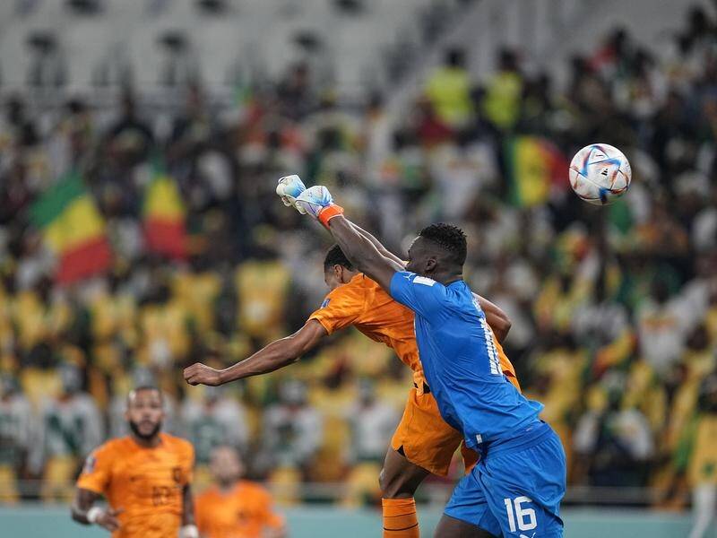 Cody Gakpo beats Edouard Mendy to head home the Netherlands' opener in the 2-0 win against Senegal. (AP PHOTO)