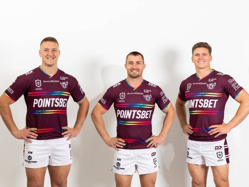 Sean Keppie, Kieran Foran and Reuben Garrick wear Manly's pride jersey but some players are unhappy. (PR HANDOUT IMAGE PHOTO) Sean Keppie, Kieran Foran and Reuben Garrick wear Manly's pride jersey but some players are unhappy. (PR HANDOUT IMAGE PHOTO)