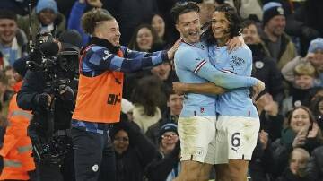 Manchester City's Nathan Ake (r) celebrates his goal in the 1-0 FA Cup win over EPL rivals Arsenal. (AP PHOTO)