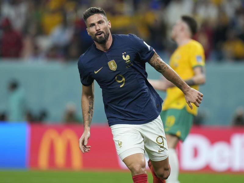 Striker Olivier Giroud has scored a goal in each half for France in the 4-1 win over the Socceroos. (AP PHOTO)