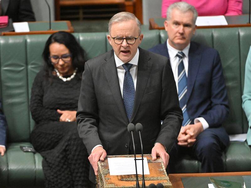 Prime Minister Anthony Albanese issues a formal apology to all Australians affected by thalidomide. (Mick Tsikas/AAP PHOTOS)