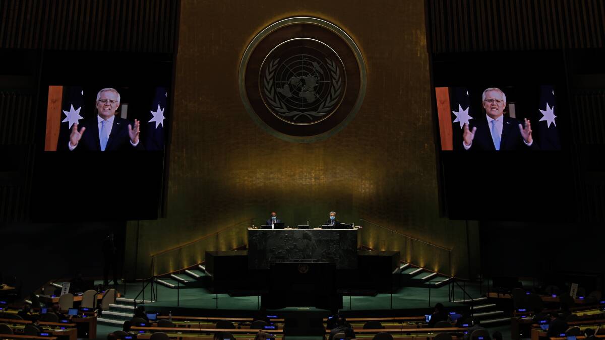 Prime Minister Scott Morrison addresses the UN General Assembly via prerecorded video on September 24. Picture: Getty Images
