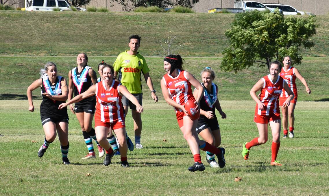 ON THE RUN: Brianna Howrad pictured during her four goal haul against Port Stephens last year.
