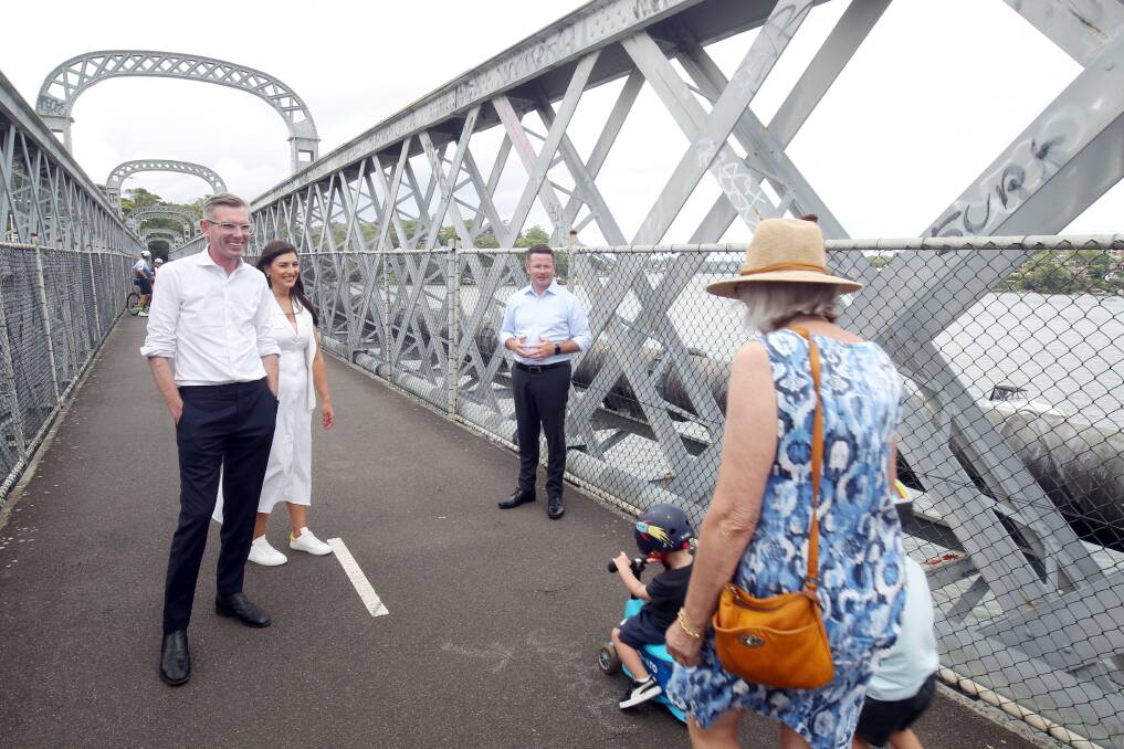 Premier Dominic Perrottet photographed in the Georges River Council area in Sydney by ACM's local newspaper The Leader announcing funding to upgrade walk and cycle paths, including a rail bridge over the Georges River. Picture by Chris Lane