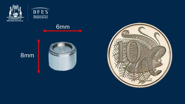 A radioactive capsule that has gone missing in Western Australia is smaller than a 10-cent coin. Picture supplied