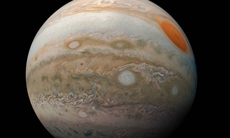 This striking view of Jupiter was captured by NASA's Juno spacecraft on February 12, 2019. Juno took the three images used to produce this color-enhanced view. Picture by Kevin M. Gill (CC-BY) based on images provided courtesy of NASA/JPL-Caltech/SwRI/MSSS