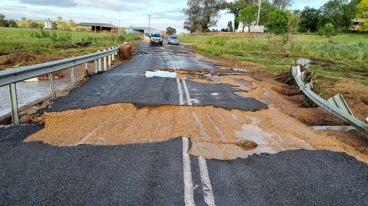 Flood damaged road in Canowindra in the NSW Central West. Picture by NSW SES Canowindra Unit