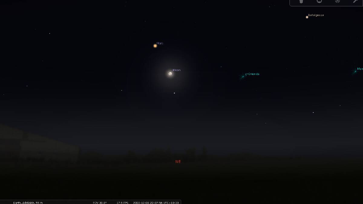 Mars will be about four degrees above the full moon on Thursday, December 8, 2022. Picture by Stellarium
