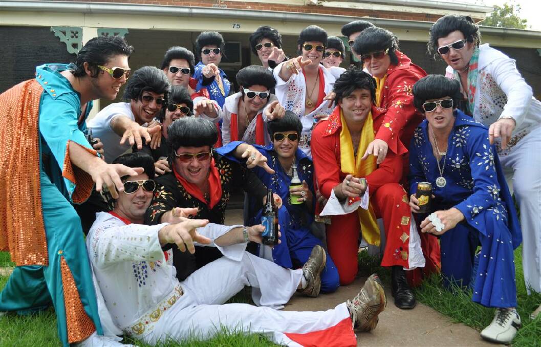 The Elvis rugby boys gathering at their 'Elvis central', a mate's place in Dalton Street in 2011, something they've done every year since getting involved in the Parkes Elvis Festival in 1996. Picture by Christine Little
