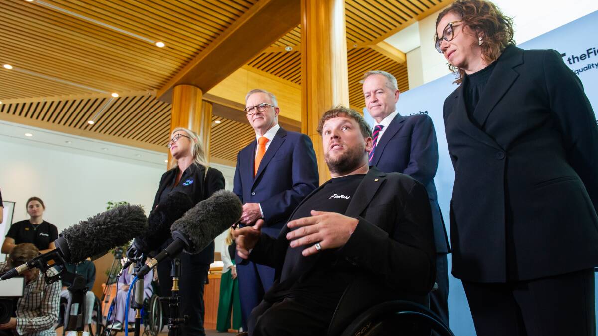 Dylan Alcott launching the Field website with Prime Minister Anthony Albanese and NDIS Minister Bill Shorten. Picture by Elesa Kurtz