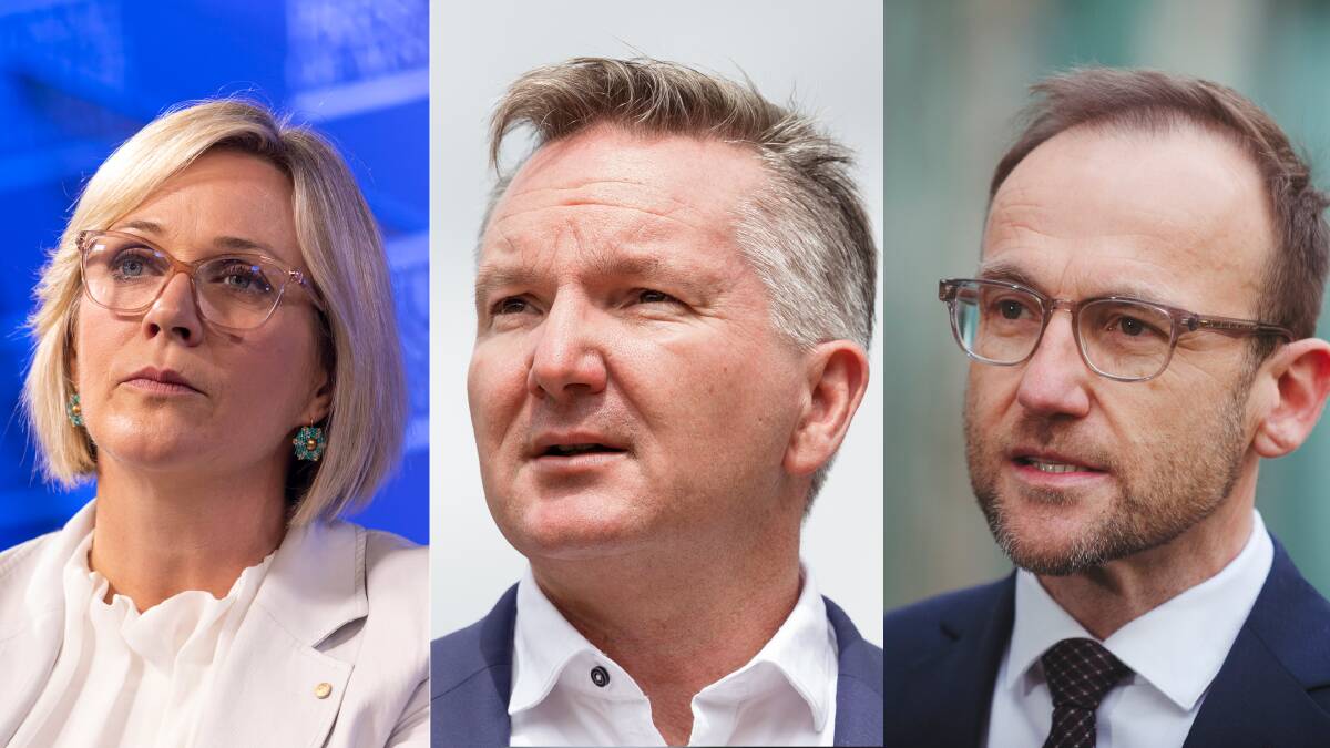 Climate Change Minister Chris Bowen (centre) is under pressure from Greens leader Adam Bandt (right) and independents such as Zali Steggall (left) to raise Labor's climate action ambitions. Picture: ACM