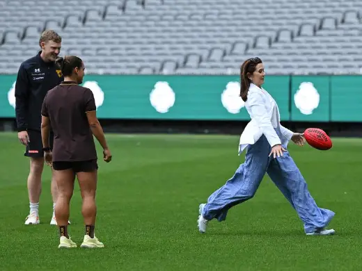Denmark's Queen Mary put her footballing talents to good use in a visit to the MCG. Photo: James Ross/AAP PHOTOS